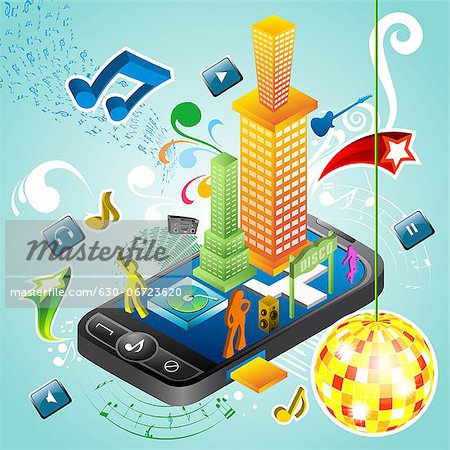 Illustrative representation showing the use of a mobile phone as music player