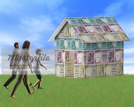 Family walking towards a home covering with rupees
