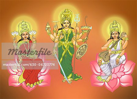 Goddess Durga with goddess Lakshmi and goddess Saraswati