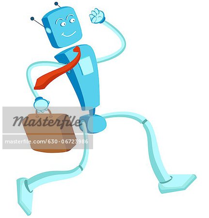 Robotic businessman running with a briefcase