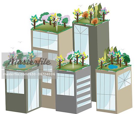 Buildings with green roofs