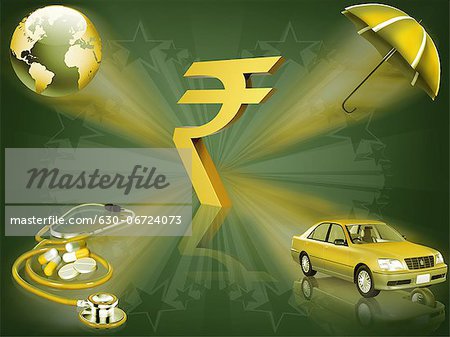 Indian rupee symbol with stethoscope, car, umbrella and world globe