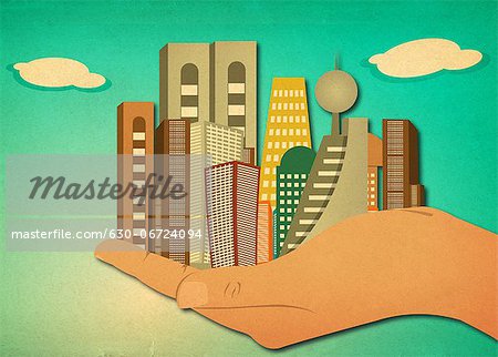 Human palm holding skyscrapers