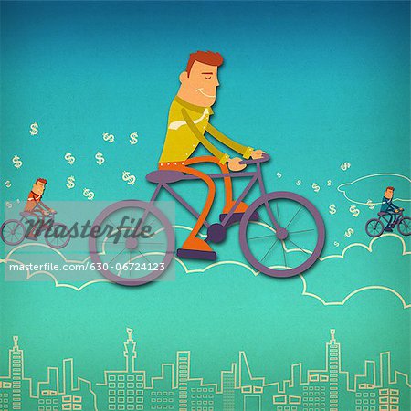Business executives riding bicycles on clouds