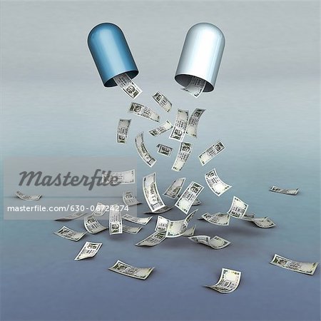 Open drug capsule with contents of money