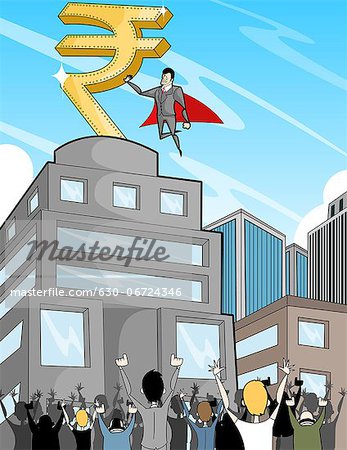 Business super hero with rupee symbol guiding people