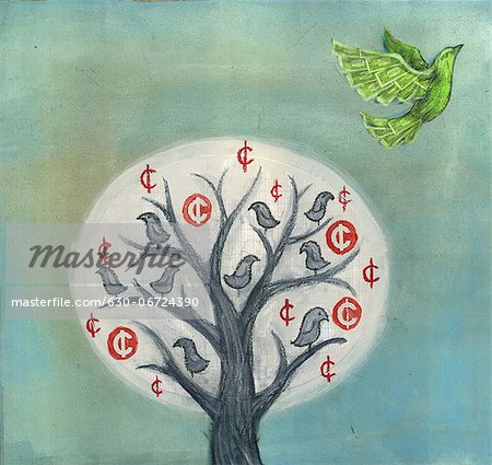 Bird flying up from a money tree