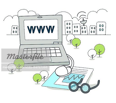 Illustration of laptop with buildings in background