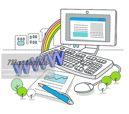 Illustration of desktop computer with rainbow in background