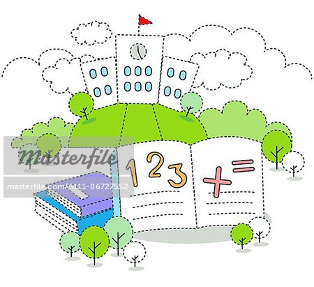 Mathematics on book with school in the background