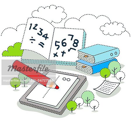 Colored pencil on note pad with mathematics book