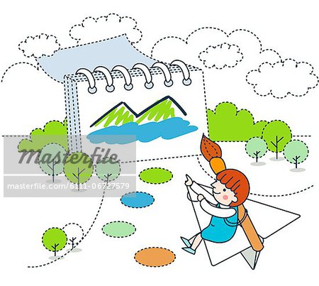 Artistic drawing with girl sitting on paper airplane