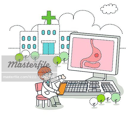 Illustration of doctor looking at computer