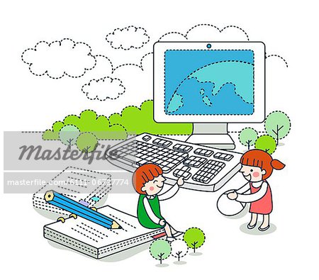 Illustration of friends against computer with book
