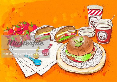 Illustration of hamburger and coffee cup