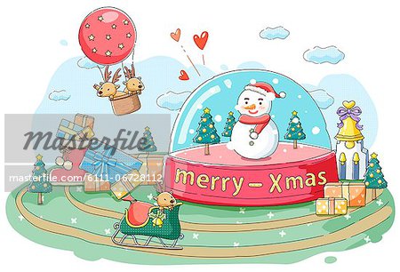 Illustration of X-Mass tree, snowman in crystal ball with gifts