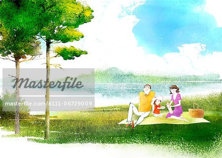 Family Making Picnic Near Lake