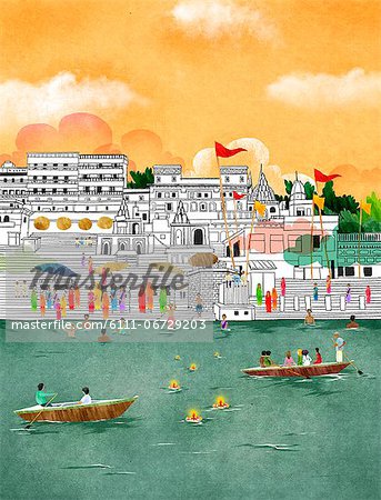 Varanasi Ghat, Ganges River, Pilgrims On Ghats, India