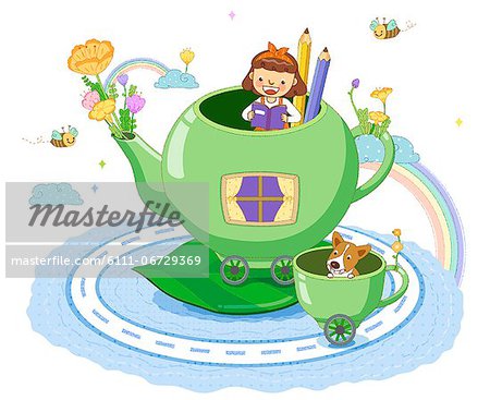 Girl Reading Book In Teapot