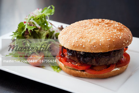 Hamburger with green salad