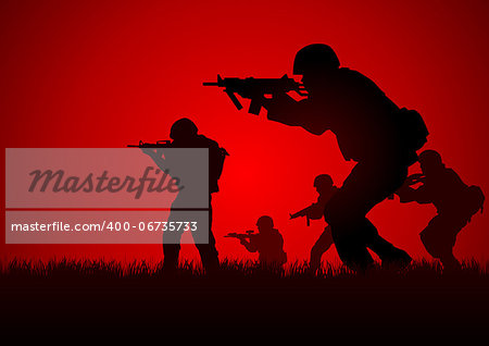 Silhouette illustration of a group of soldiers in assault formation