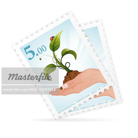 Postage Stamps - Woman Hand with Green Sprout and Ladybug, vector isolated on white background