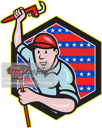 illustration of a plumber with monkey wrench done in cartoon style set inside hexagon with stars and stripes on isolated background