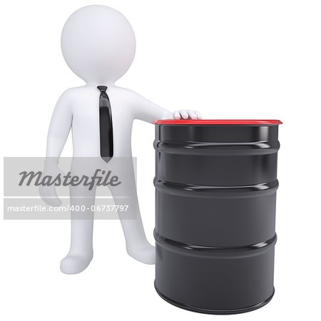 3d white man and a black barrel. Isolated render on a white background