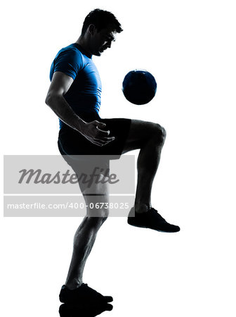 one caucasian man playing soccer football player silhouette  in studio isolated on white background