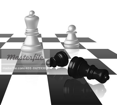 Chess board with figures at white background.