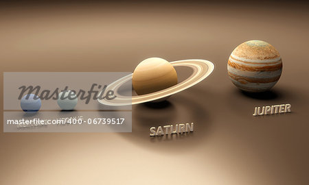 A rendered size-comparence sheet between the Planets Neptune, Uranus, Saturn and Jupiter with in-scene captions.