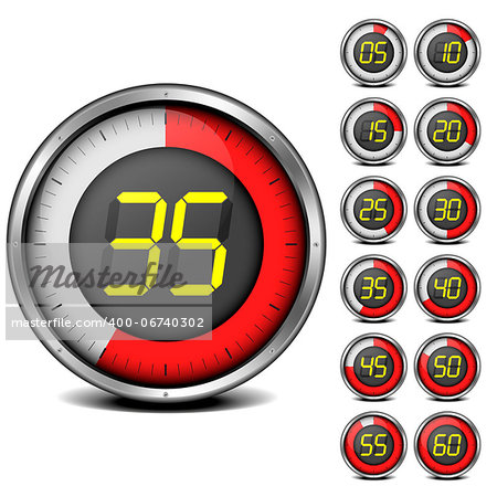 illustration of a set of metal framed timers with easy changeable numbers