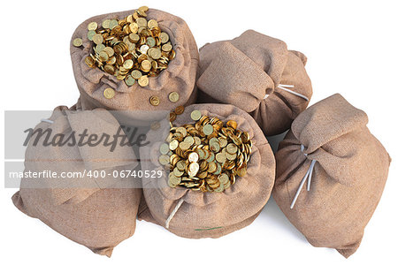 bags with golden coins. isolated on white.