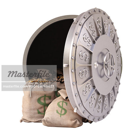 open a bank vault with bags of gold coins. isolated on white.