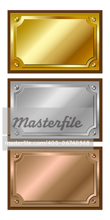 Set of decorative, shiny, metallic, golden, silver and bronze plaques