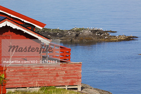 Picturesque red fishing hut on the coast of fjord on Lofoten islands in Norway