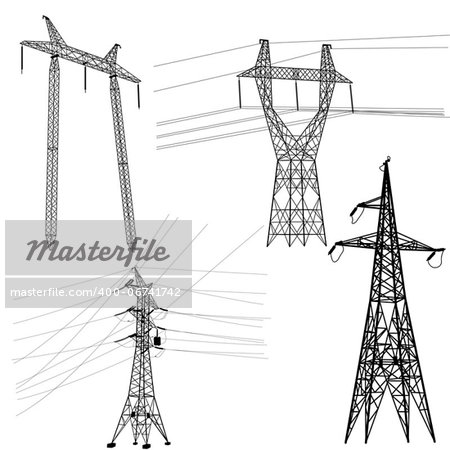 Set silhouette of high voltage power lines. Vector  illustration.