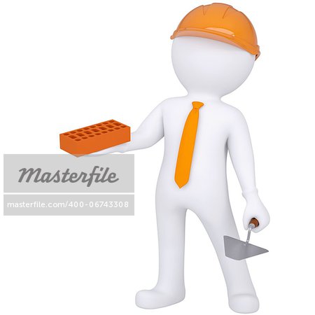 3d white man in helmet holding brick and trowel. Isolated render on a white background