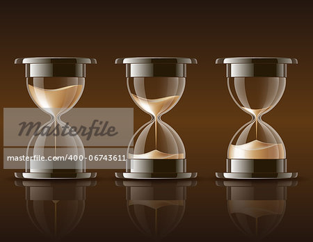 Sand falling in the hourglass in three different states on dark background. Vector illustration