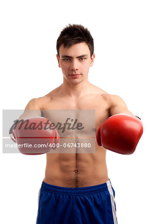 Portrait of young boxer over white background