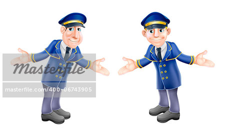 A cartoon illustration of two welcoming hotel or venue doormen or bellhops in their blue and gold uniforms
