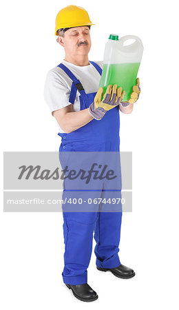 manual worker with green liquid over white background