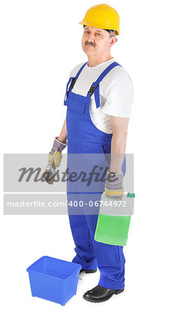 manual worker with green liquid over white background