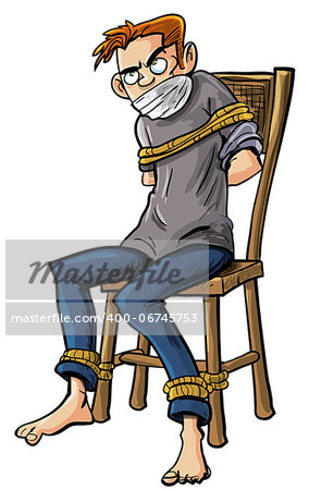 Cartoon illustration of a barefoot angry scowling young man tied to a chair with ropes around his ankles and arms isolated on white