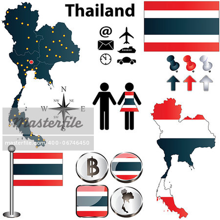 Vector of Thailand set with detailed country shape with regions borders, flags and icons