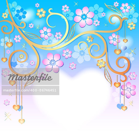 Spring gentle floral easter frame with gold branch, flowers and heart (vector EPS 10)