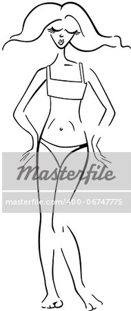 Black and White Cartoon Illustration of Cute Pretty Woman in Bikini or Swimsuit or Swimwear
