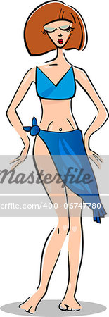 Cartoon Illustration of Cute Pretty Woman in Bikini or Swimsuit or Swimwear