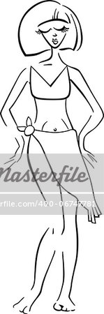 Black and White Cartoon Illustration of Cute Pretty Woman in Bikini or Swimsuit or Swimwear