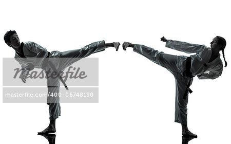 one couple man woman couple exercising karate taekwondo martial arts in silhouette studio isolated on white background